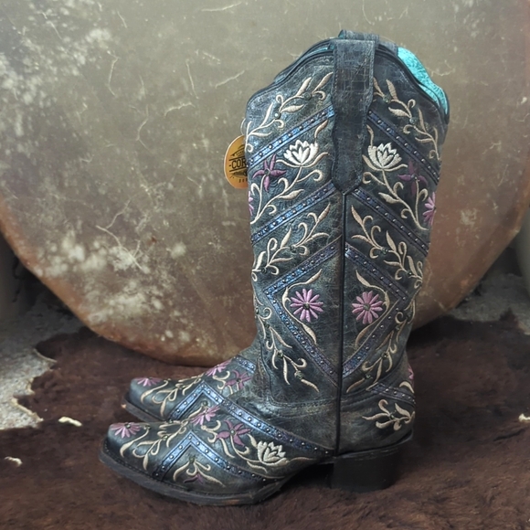CORRAL E1482 distressed gray floral embroidered snip toe cowgirl boots sz8.5 NWT - Picture 10 of 16